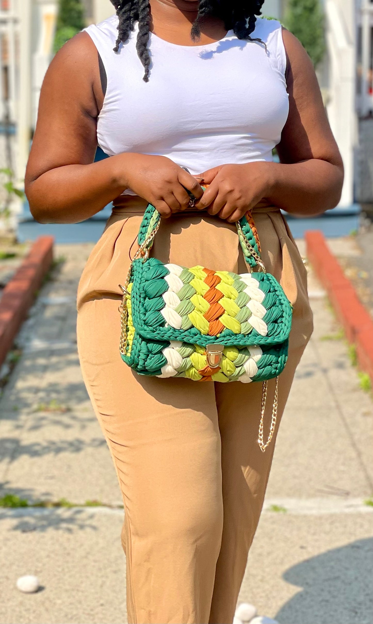 Handmade Multicolor Green Crochet Shoulder Bag with Removable Handle and Gold Chain Strap - Nature’s Delight