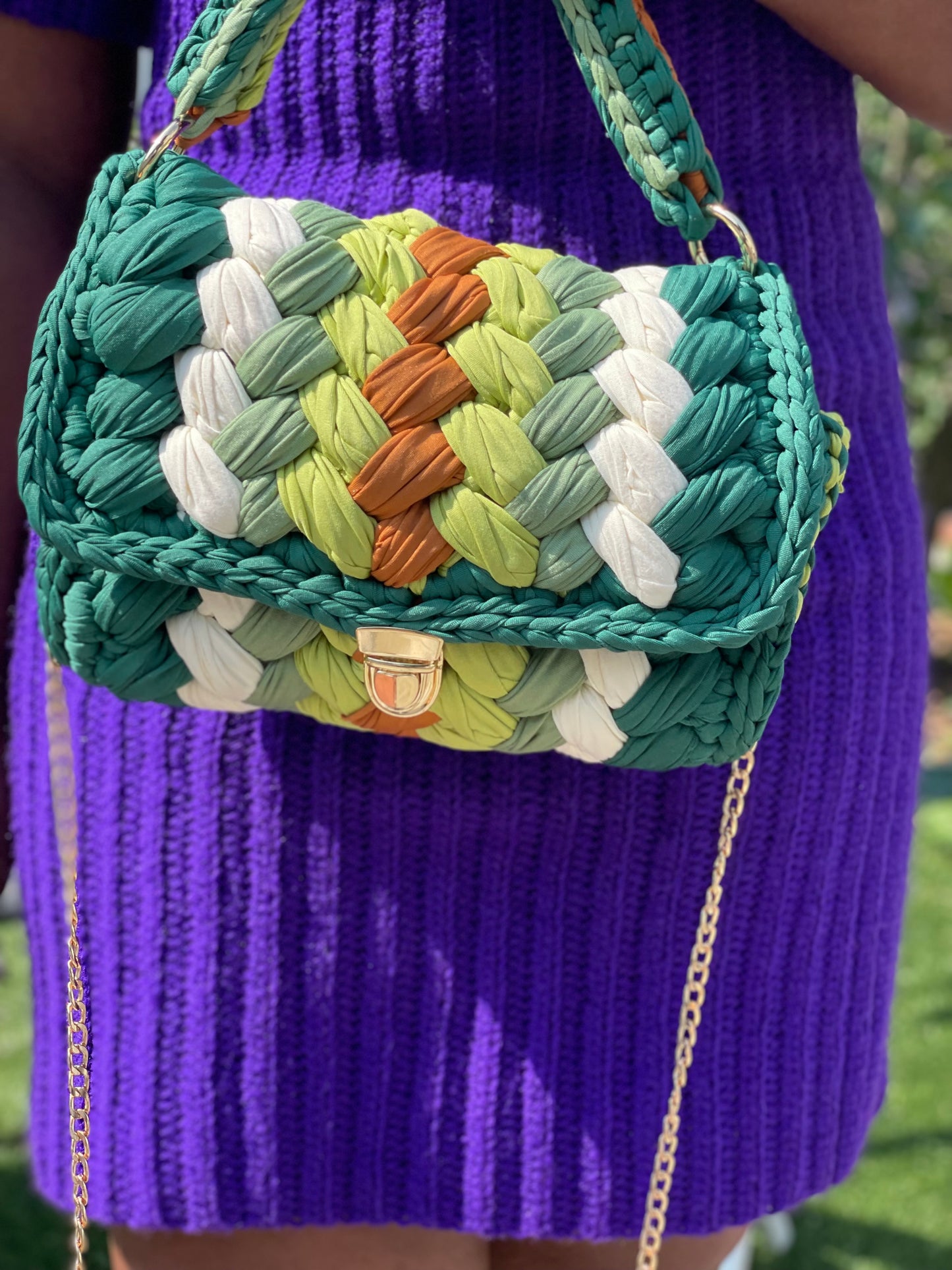 Handmade Multicolor Green Crochet Shoulder Bag with Removable Handle and Gold Chain Strap - Nature’s Delight