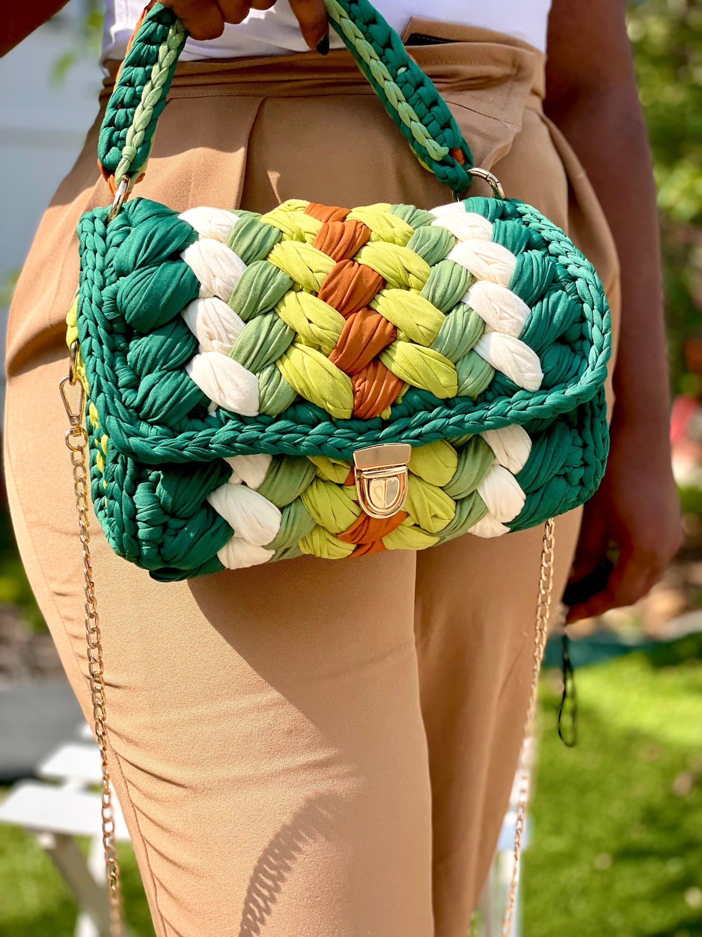 Handmade Multicolor Green Crochet Shoulder Bag with Removable Handle and Gold Chain Strap - Nature’s Delight