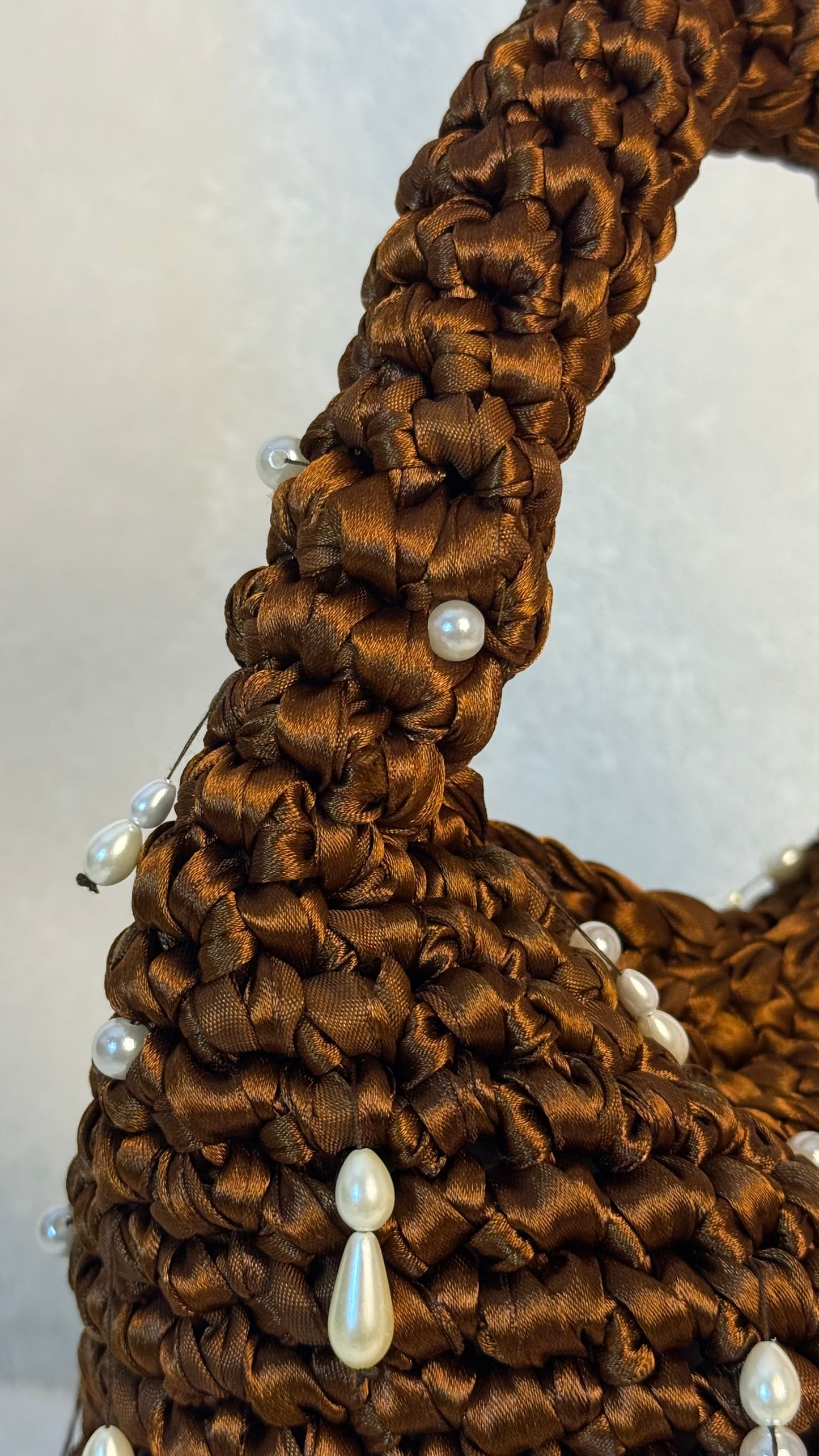 Handmade Brown Crochet Purse with Pearls