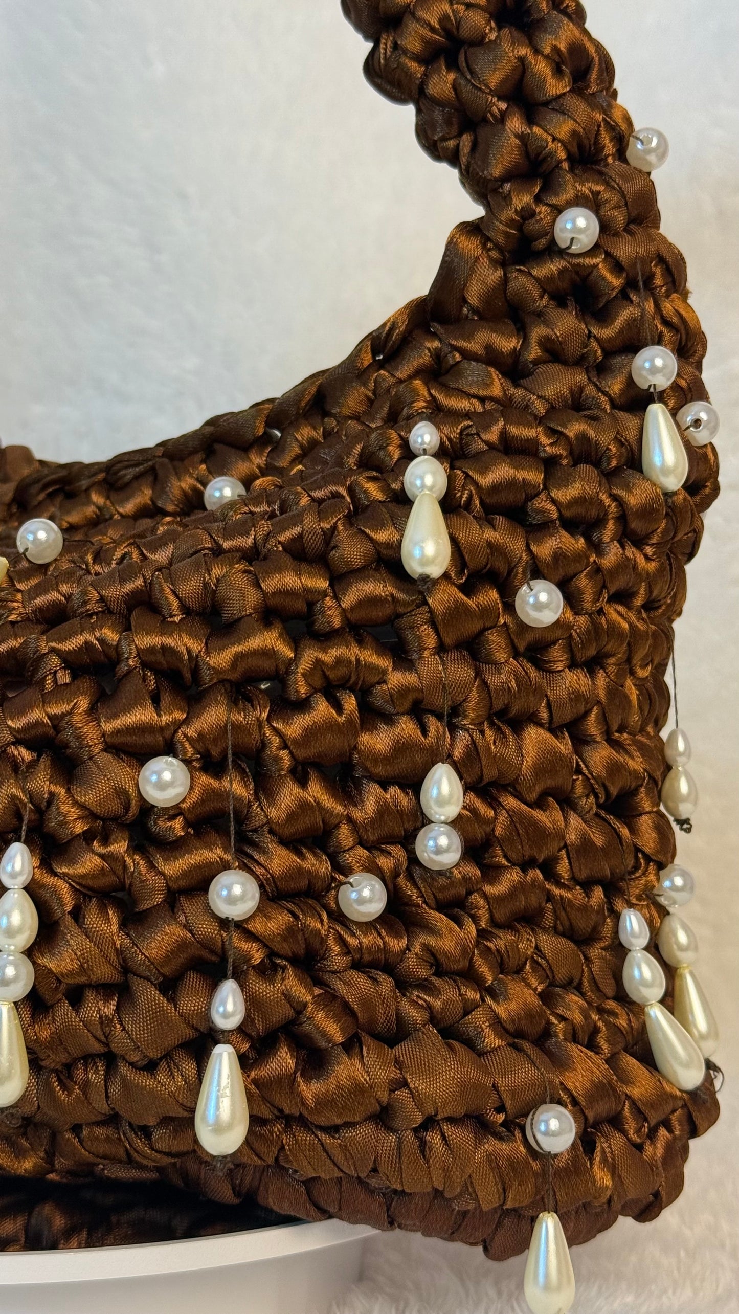Handmade Brown Crochet Purse with Pearls