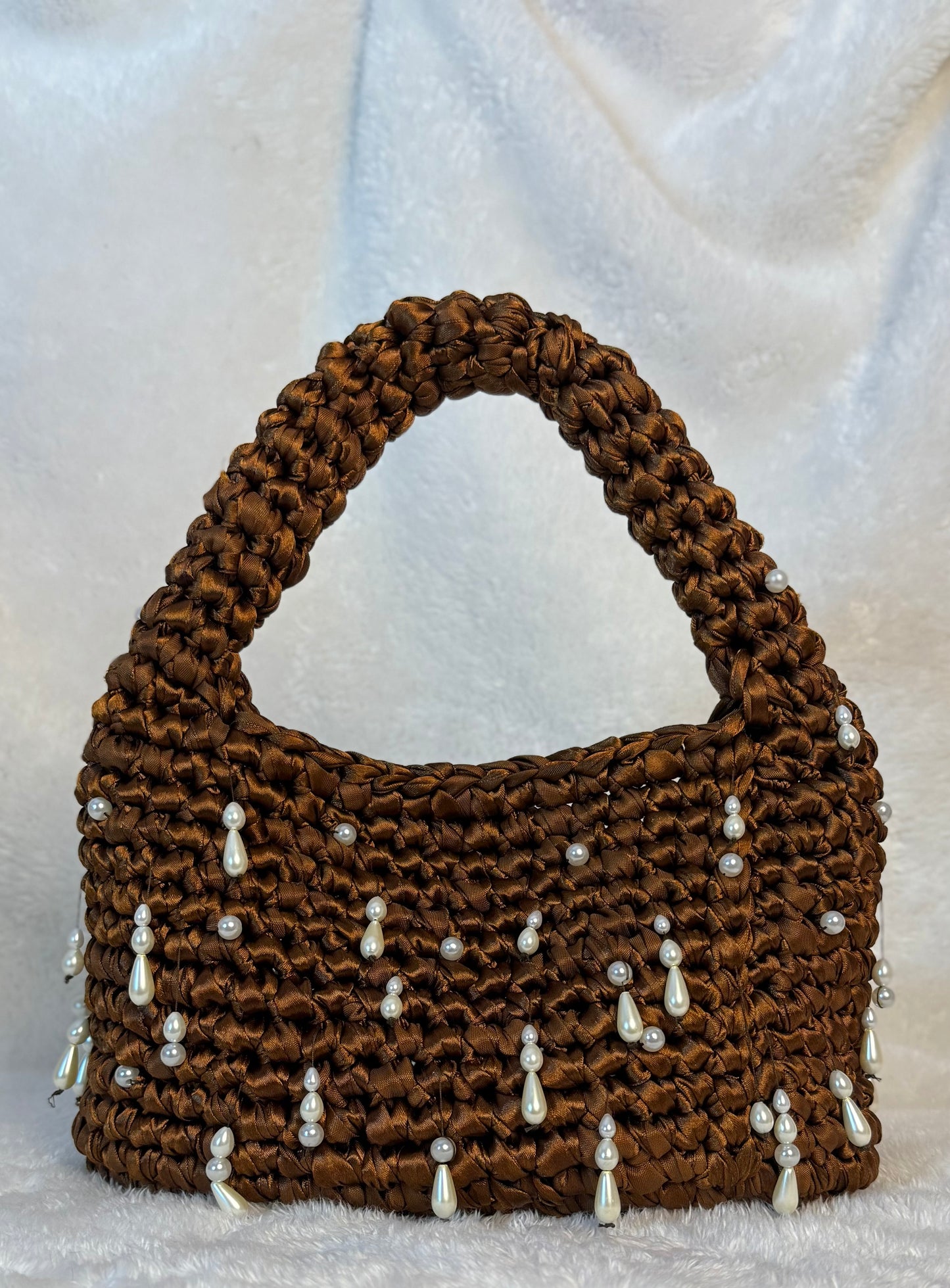 Handmade Brown Crochet Purse with Pearls