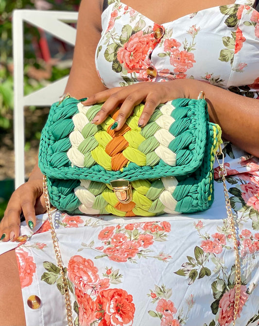 Handmade Multicolor Green Crochet Shoulder Bag with Removable Handle and Gold Chain Strap - Nature’s Delight