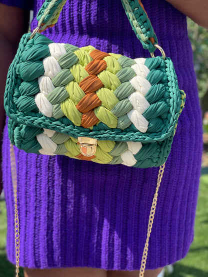 Handmade Multicolor Green Crochet Shoulder Bag with Removable Handle and Gold Chain Strap - Nature’s Delight