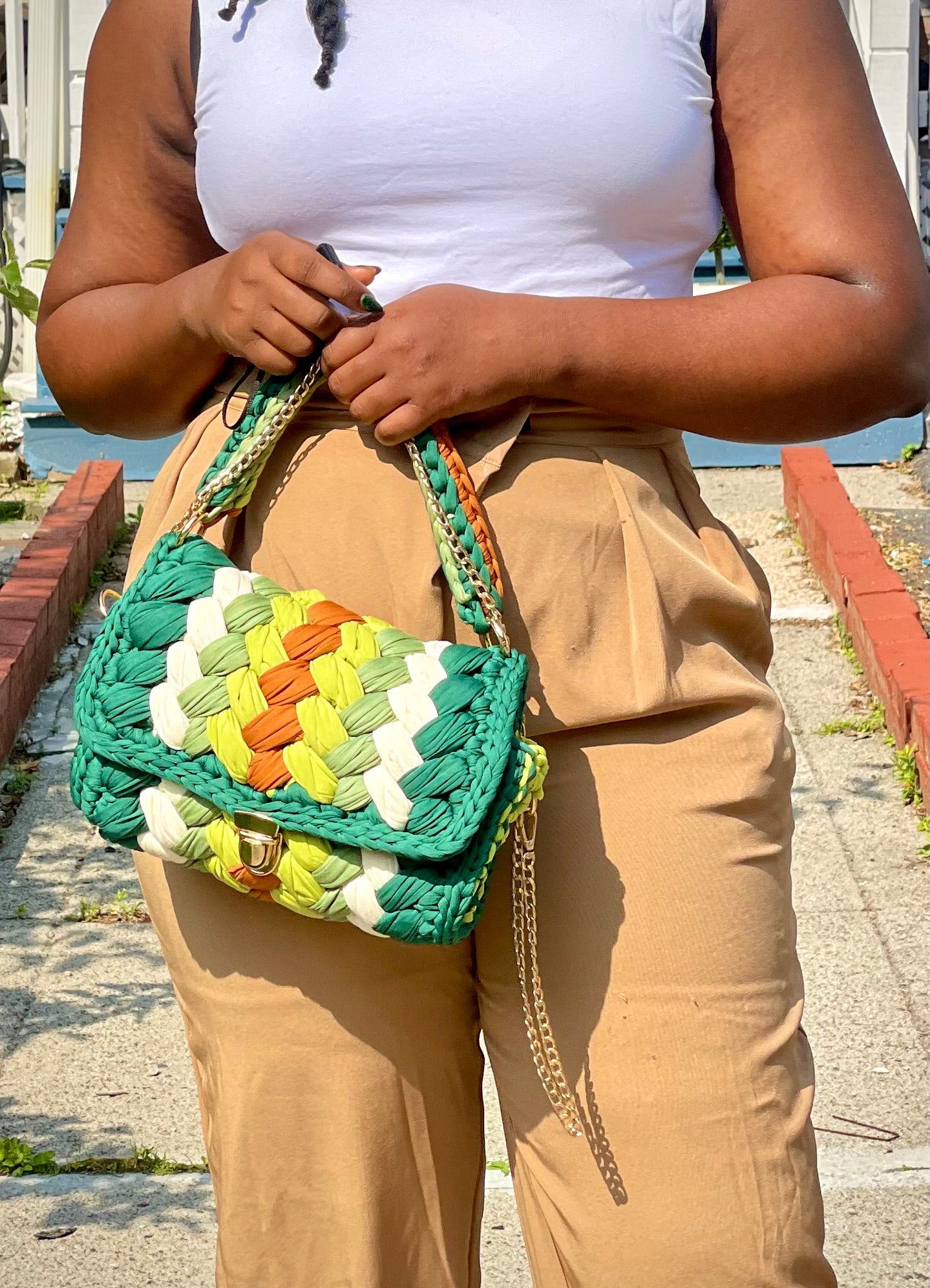 Handmade Multicolor Green Crochet Shoulder Bag with Removable Handle and Gold Chain Strap - Nature’s Delight