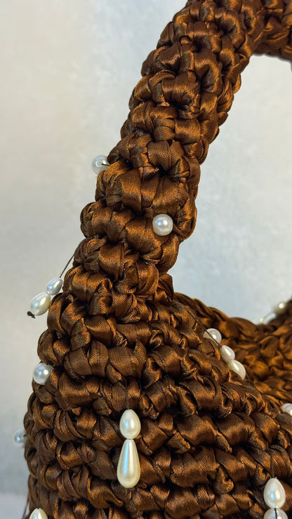 Handmade Brown Crochet Purse with Pearls